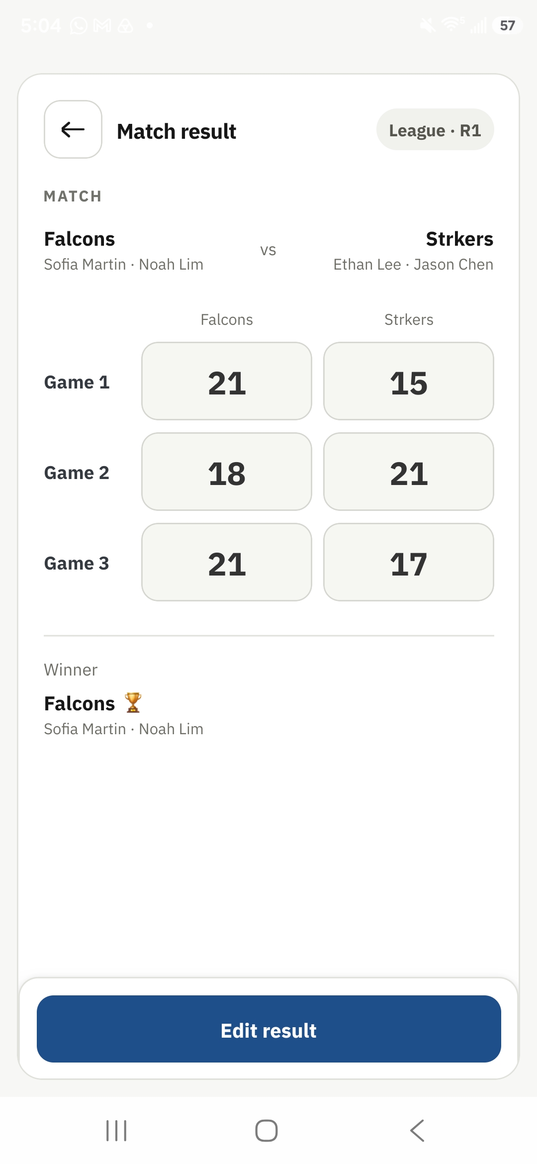 Tournament OS match result screen