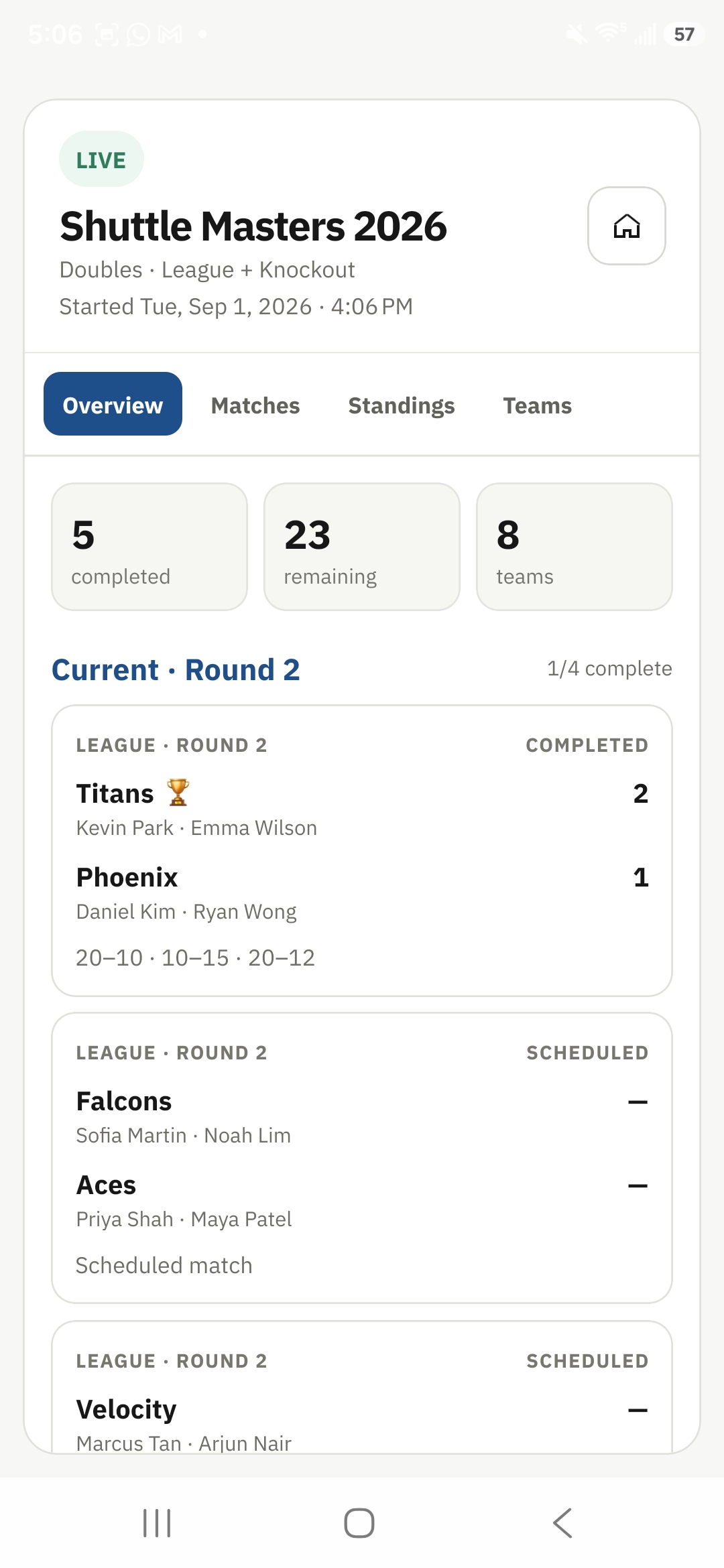 Tournament OS overview screen