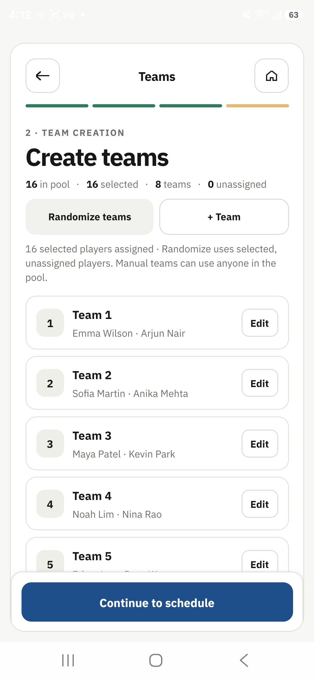 Tournament OS team creation screen
